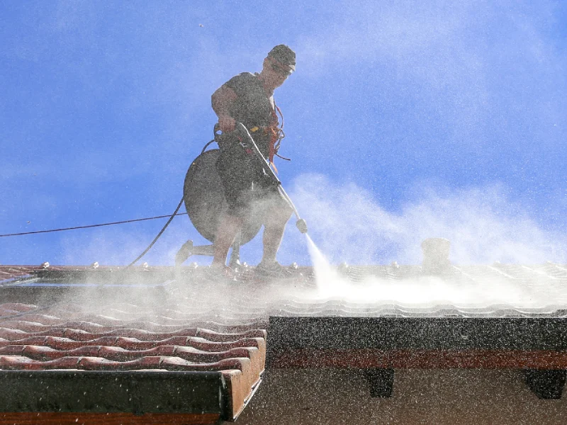 Tiled roof being pressure washed clean
